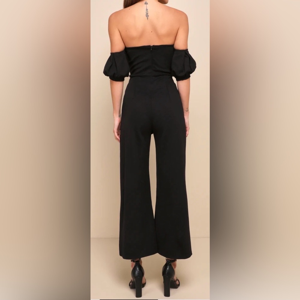 Lulus Off-the-Shoulder Puff Sleeve Jumpsuit. Ruched bodice wide leg. Black S NWT - Picture 2 of 14